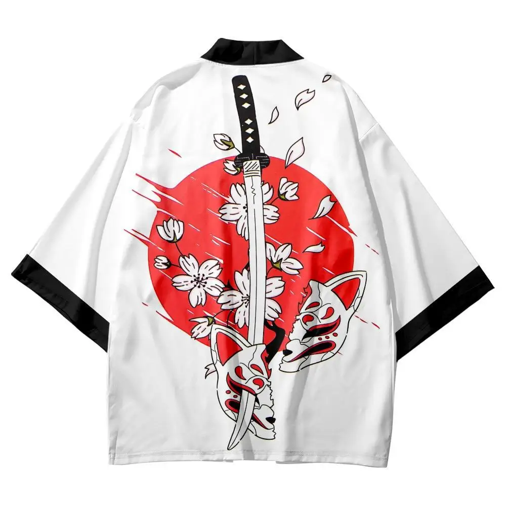 

Nine Tailed Fox Print Coat Japanese Kimono Shirt Women Men Haori Streetwear Fox Demon Cosplay Streetwear Cardigan Yukata Tops