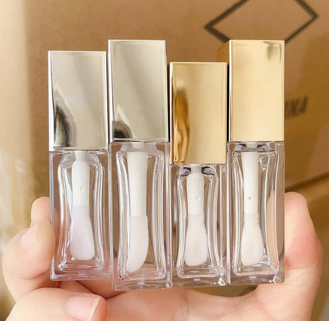 Lip Gloss Tube Pack Private Label Metallic Silver Gold Cap Square Tubes 9ML Empty Big Brush Lipgloss Bottle Container
