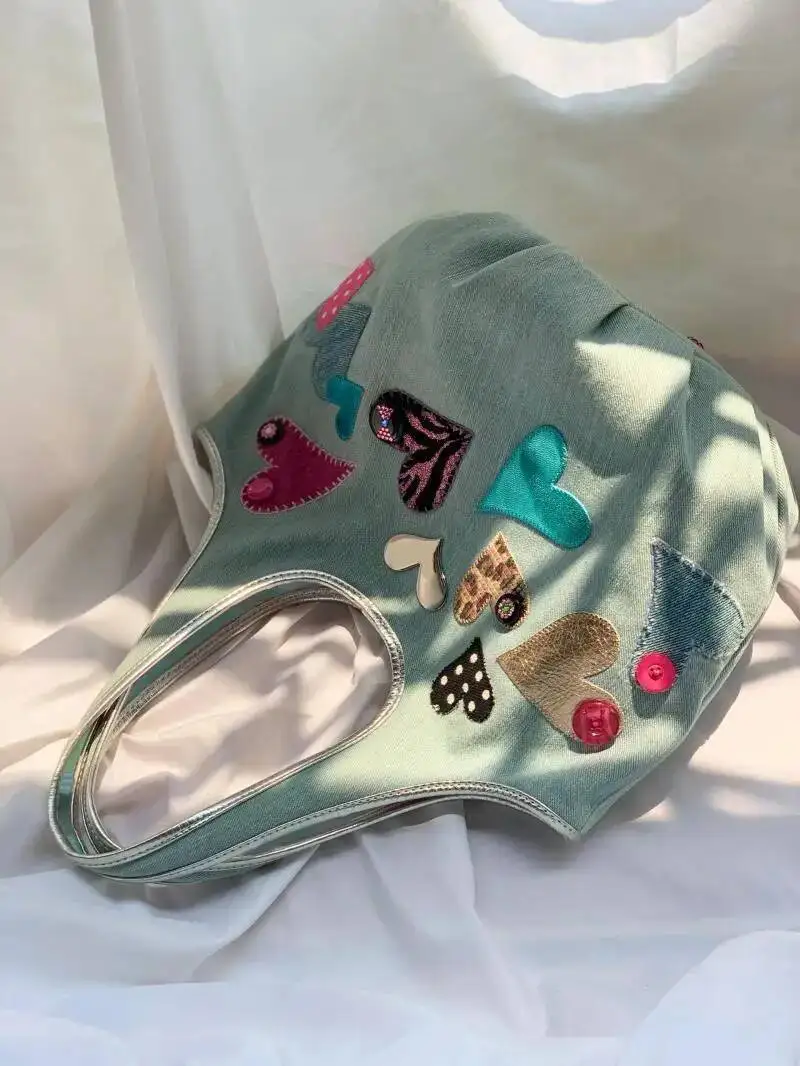 Bloom Heart Beading Y2k Bucket Purse Women Fairy Core Casual Denim Female Haruku Sweet Handle Underarm Bag Aesthetic