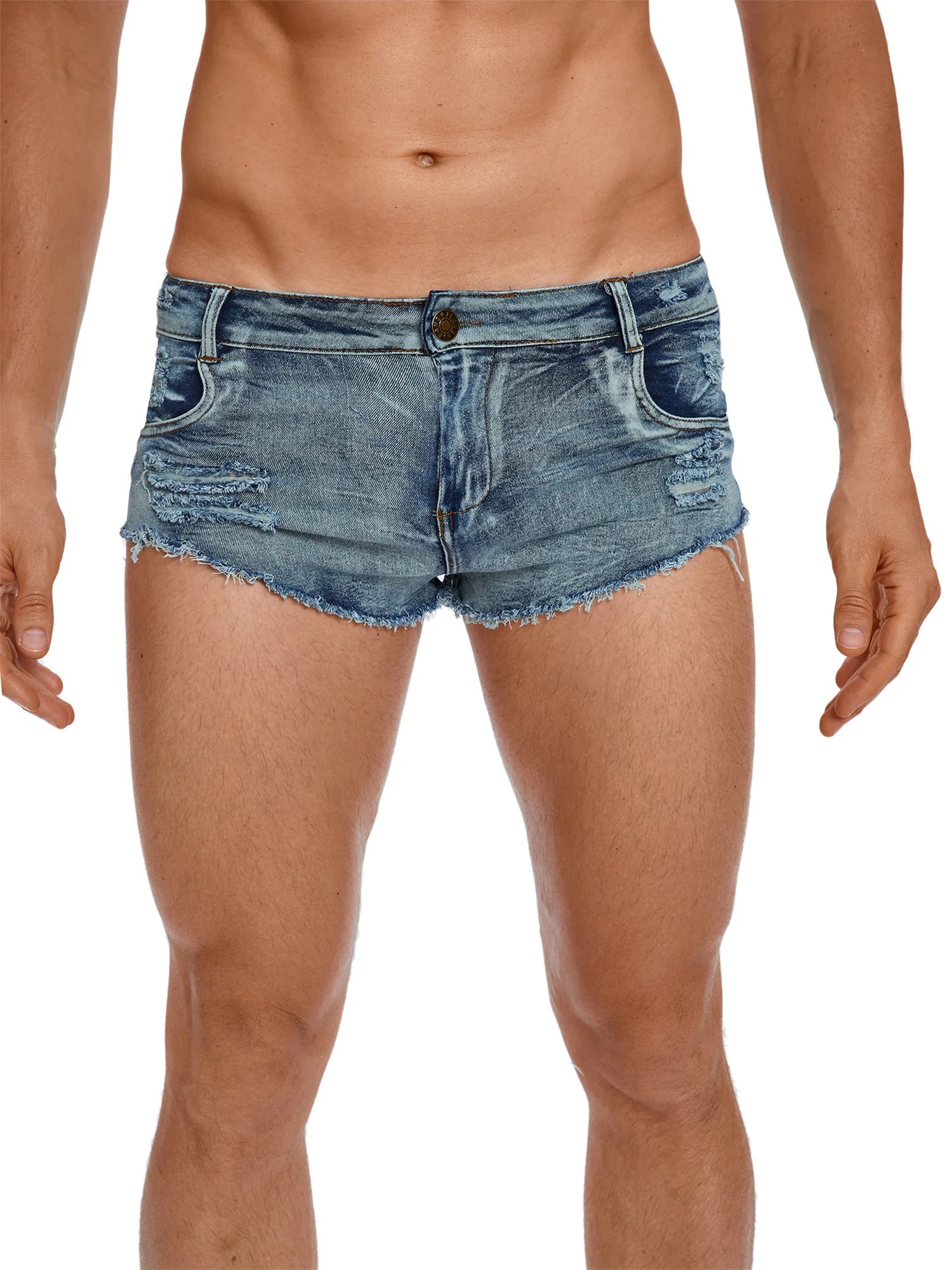 Men Stylish Ripped Denim Shorts with Pockets Low Rise Raw Trim Distressed Mini Shorts Hot Pants for Rave Party Halloween Party