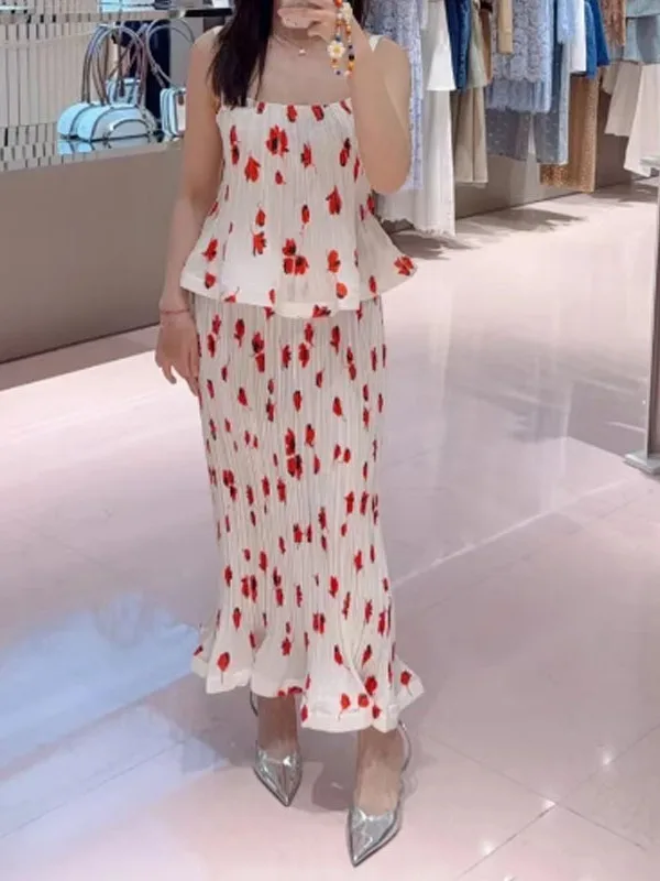 

Quali Romantic Red Print Casual Vaion Beach irt Strap Vest plus f Skirt Women's Faion Summer Straight Cut Blouse