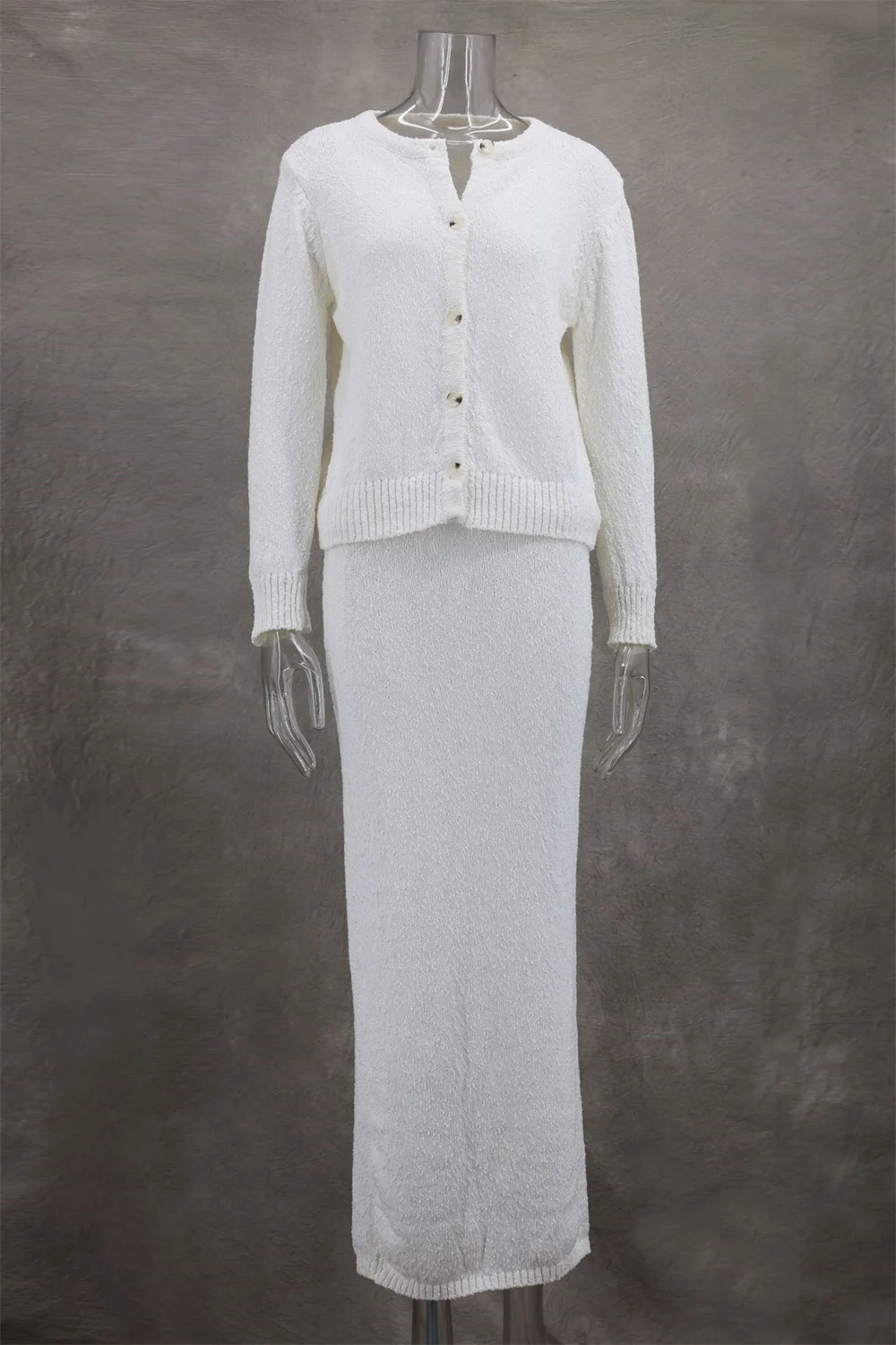 Elegant White Knitted Cardigan Maxi Skirt Set for Women 2024 New Long Sleeve Single Breasted Tops and High Waist Long Skirt Suit