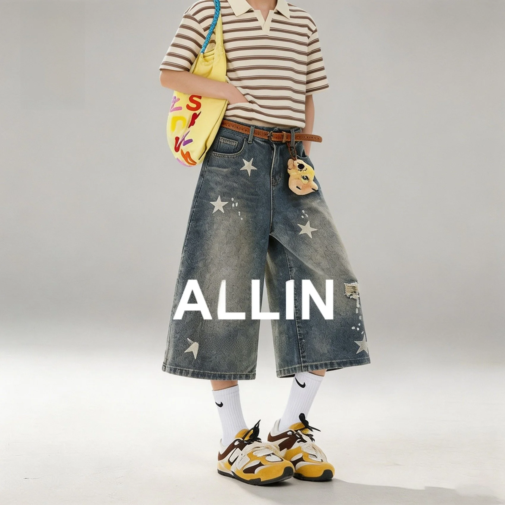 Calça Jeans Allin Star com Estampa e Rasgos, Outono, Moda Casual Unissex, Perna Larga Solta, Calça Capri de Algodão com Zíper