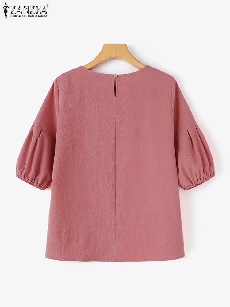 2024 ZANZEA Women Summer Tops Elegant OL Work Shirt Female Blouse O Neck Half Sleeve Blusas Casual Solid Party Tunic Oversize