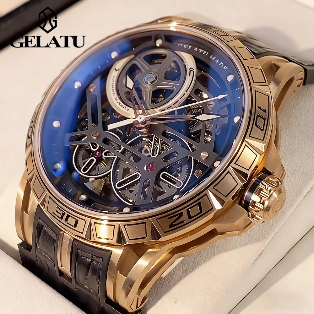 GELATU montres pour hommes de luxe mode bracelet en cuir évider cadran mécanique à remontage automatique Original montre-bracelet automatique lumineux