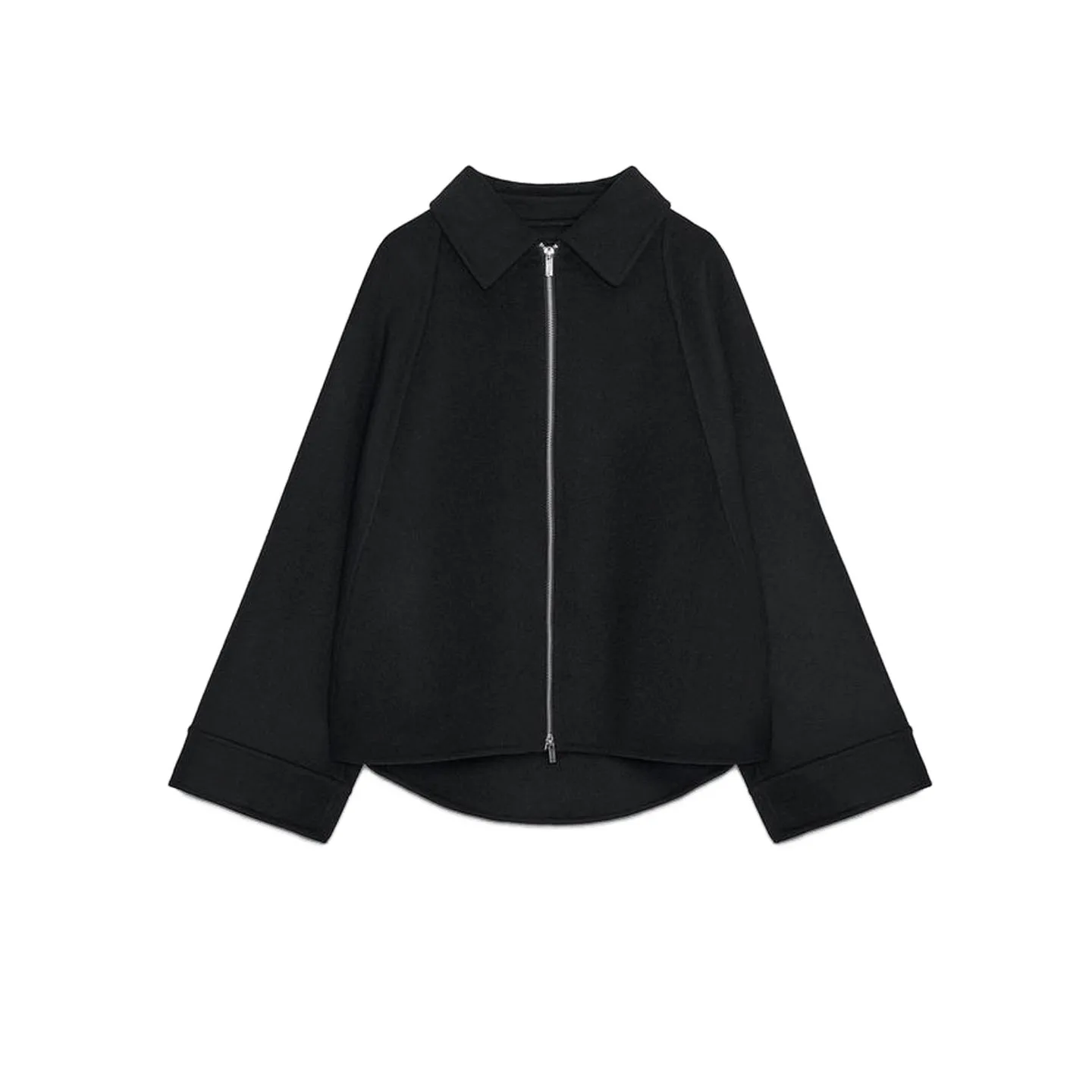 خريف 2025 معطف نسائي طويل بياقة مدببة فضفاض من مزيج الصوف بتصميم مرقع وسحاب معطف عادي رقيق من ألياف البوليستر