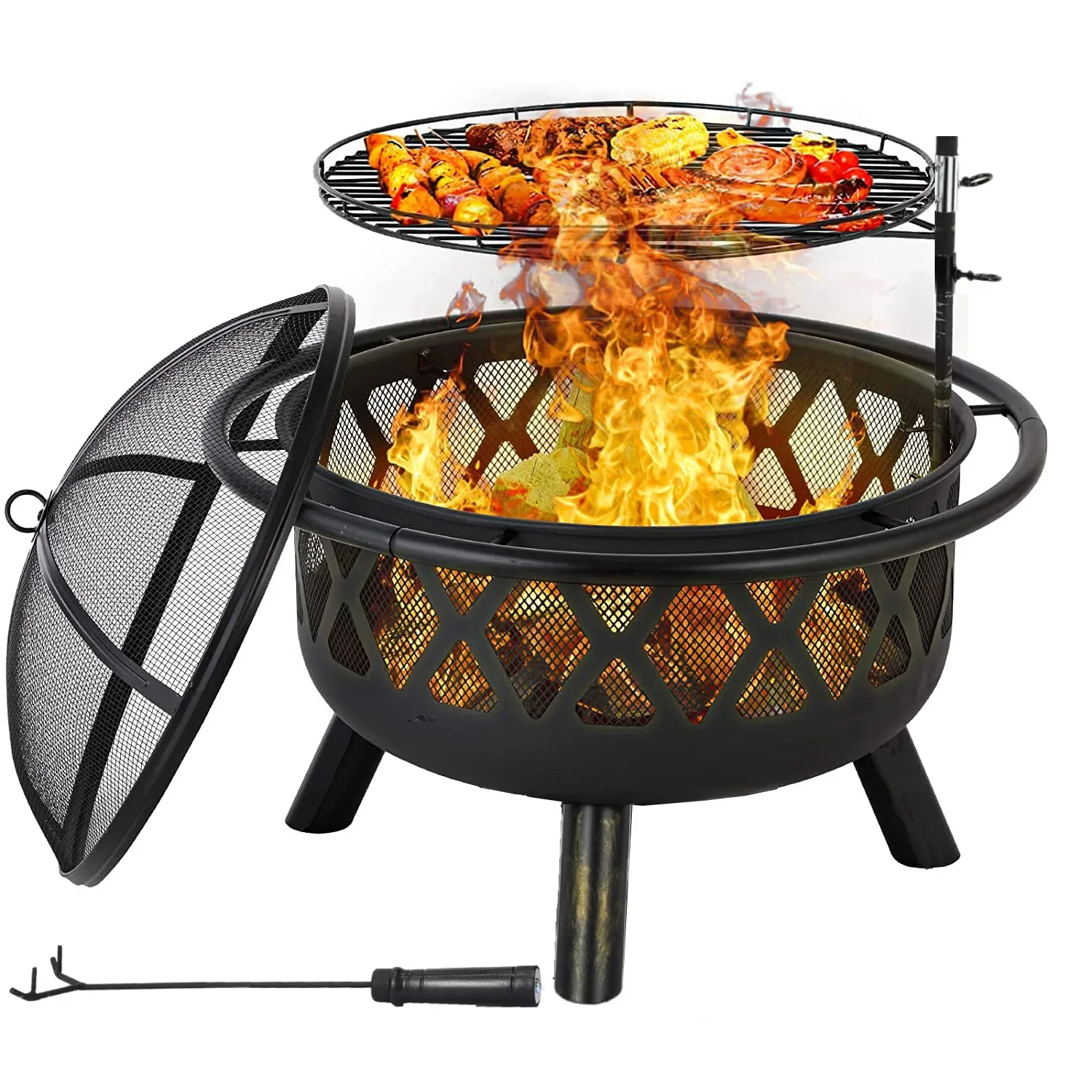 Multifunctional Fire Pit Fire Bowl With Spark Guard& Grill Grate Height Adjustable Garden Patio Fire Pit For Heating BBQ Outdoor