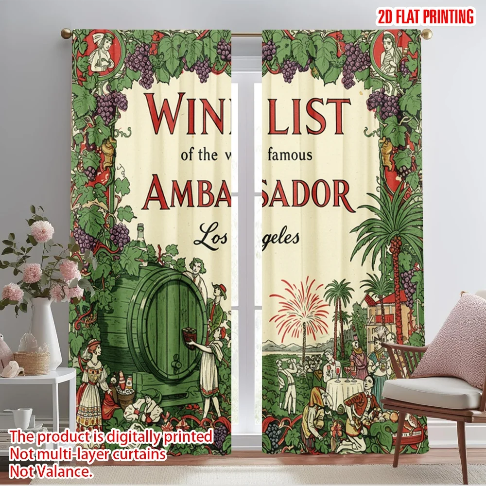 

2pcs 2D flat printing Scene Curtains Ambassador Wine List Illustration Polyester Without Electricity Festive Wall Decor for