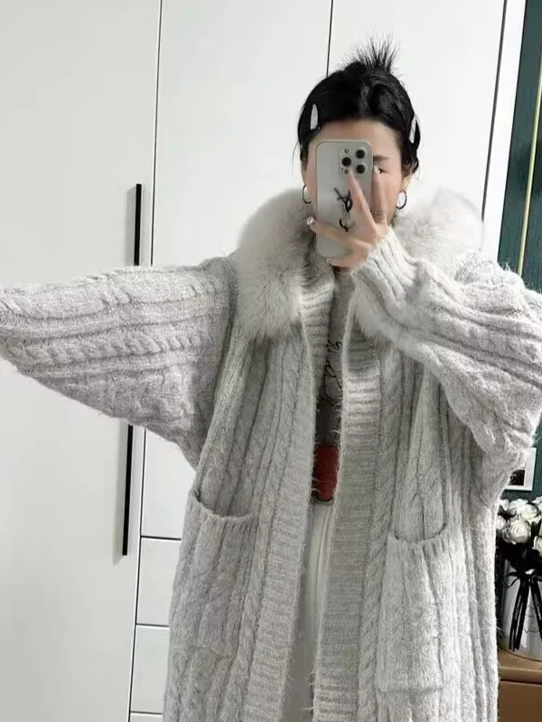 

Мягкий открытый кардиган, пальто, женское осенне-зимнее новое вязаное свободное пальто средней длины с большим меховым воротником, универсальный топ