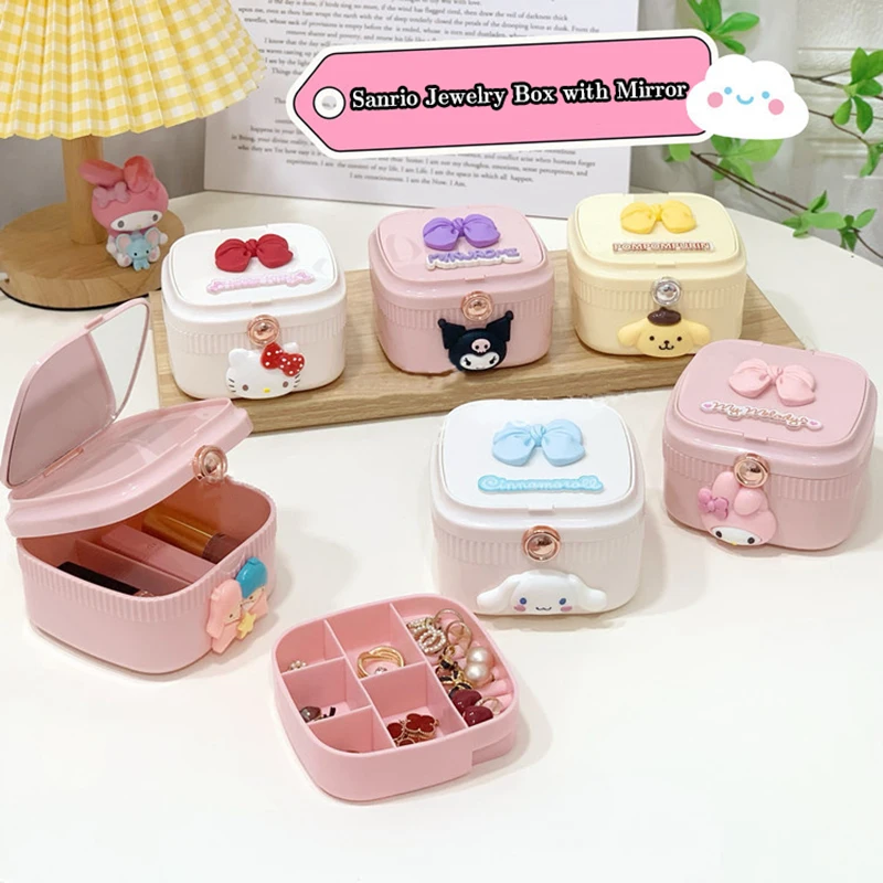 

Kawaii Sanrio Hello Kitty Jewelry Box W/Mirror Kuromi My Melody Cinnamoroll Portable Travel Earring Organizer Case Girls Gifts