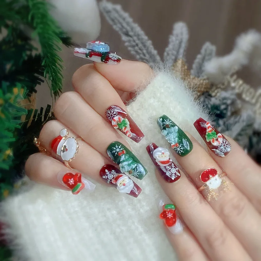 Christmas special edition hand-painted santa and snowflake wearable False nails 10PCS