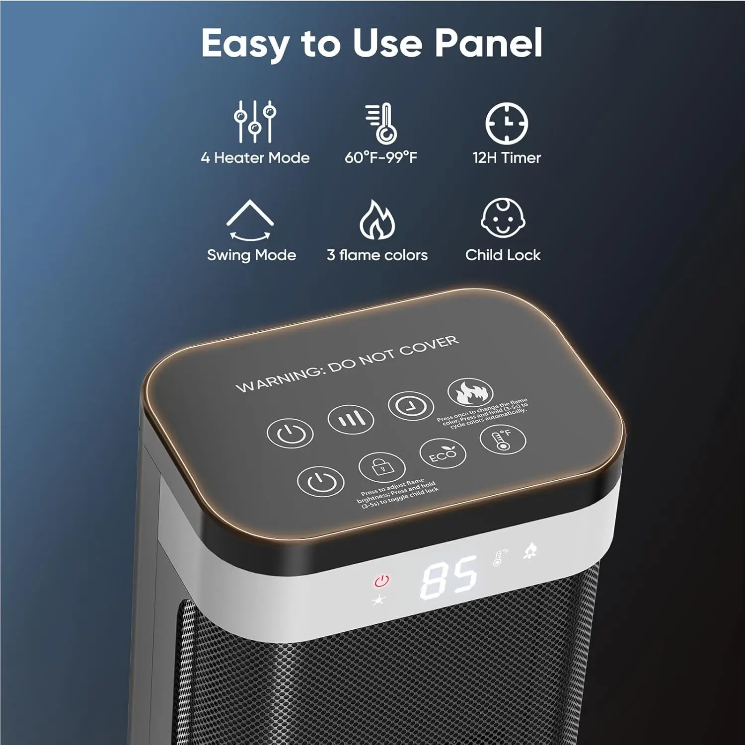 24in Portable Space Heater, 3 Light Colors, Remote Control, Adjustable Thermostat, Tip-over Protection, 60° Oscillation