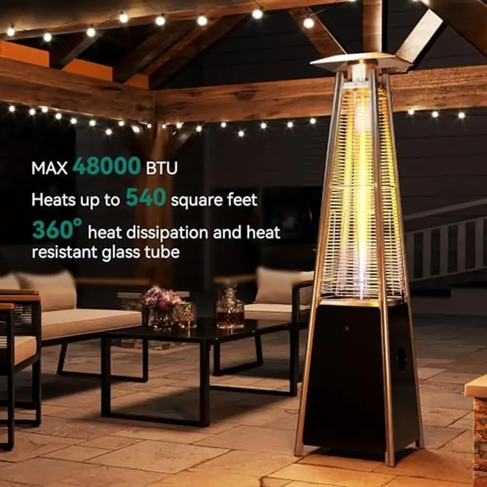 Patio Heater 48000 Btu Outdoor Pyramid Patio Heater Quartz Glass Tube Propane Heater W/ Cover and Wheels Patio Backyard Garden