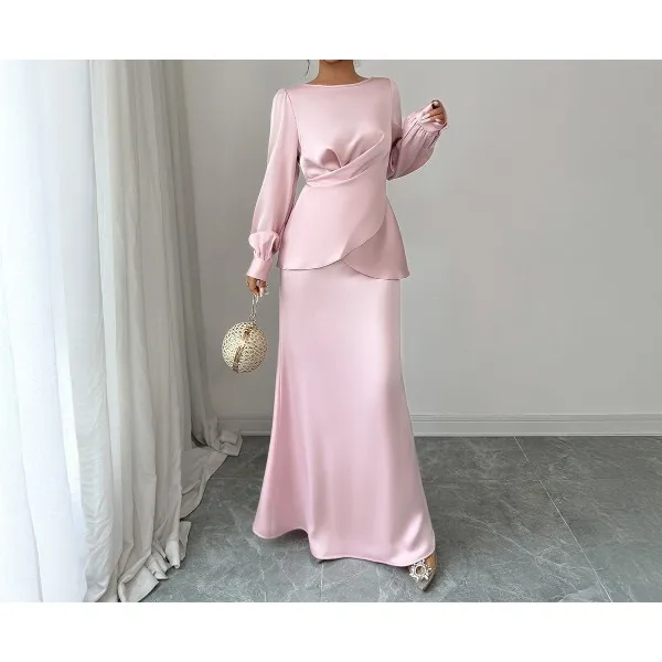 Abito da donna rosa 2025 Primavera Autunno Moda semplice Girocollo Manica lunga Cravatta in vita Abiti finti in due pezzi Gonna da donna da ufficio