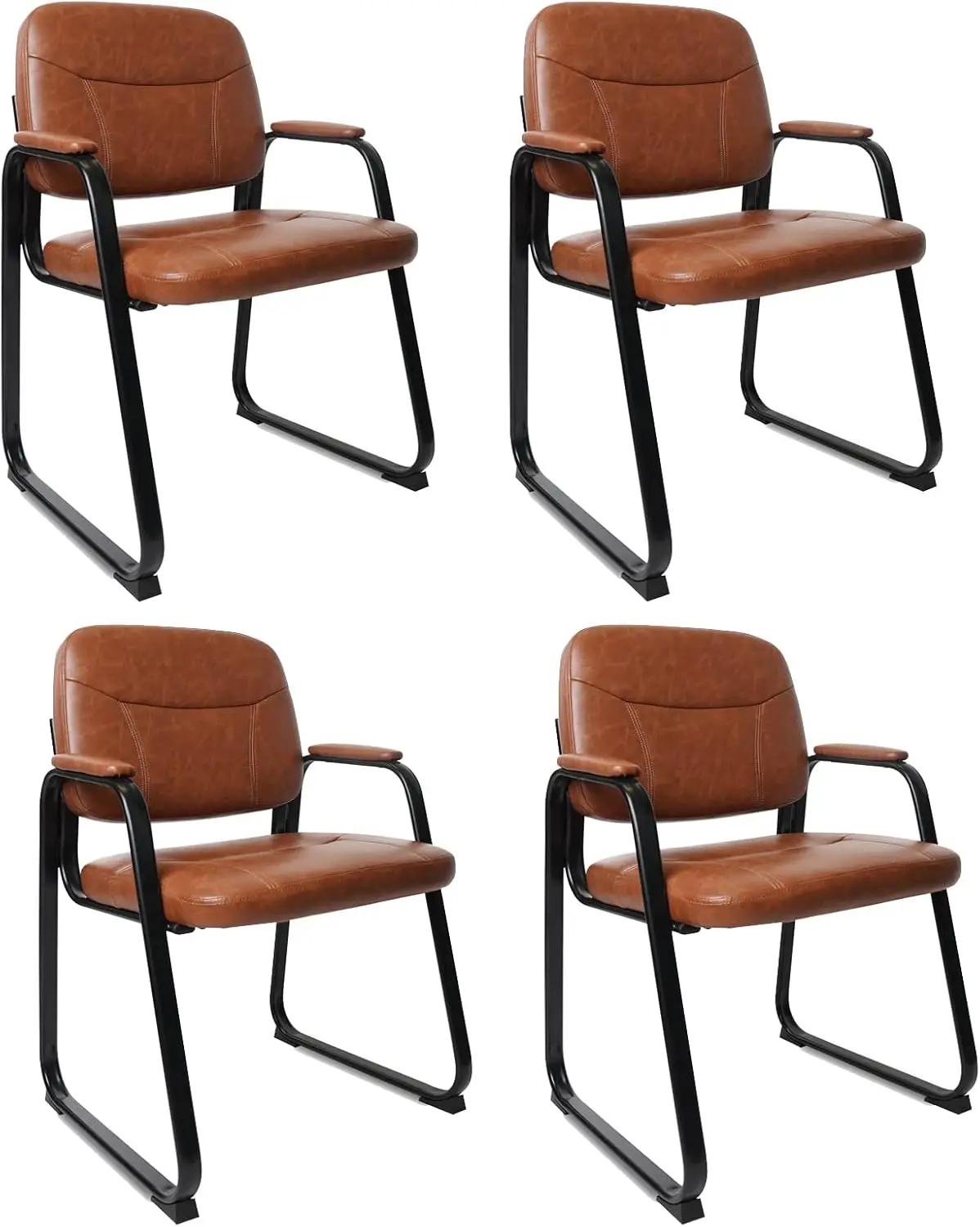 Waiting Room Reception Chairs No Wheel, Leather Guest Chair with Padded Arms, Modern Brown Office Desk Chairs with Sled Base