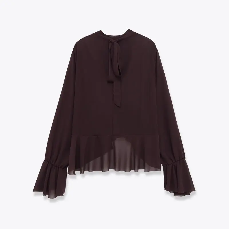 بلوزة نسائية برقبة دائرية وأكمام طويلة وطبقات للديكور، قميص كاجوال أنيق