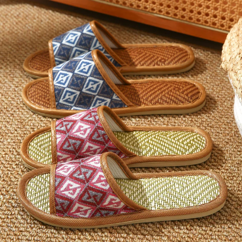 Fashion Bamboo Woven Rattan Home Linen Slippers Summer Cooling Floor Indoor Slides Unisex Bedroom Shoes Zapatillas Mujer
