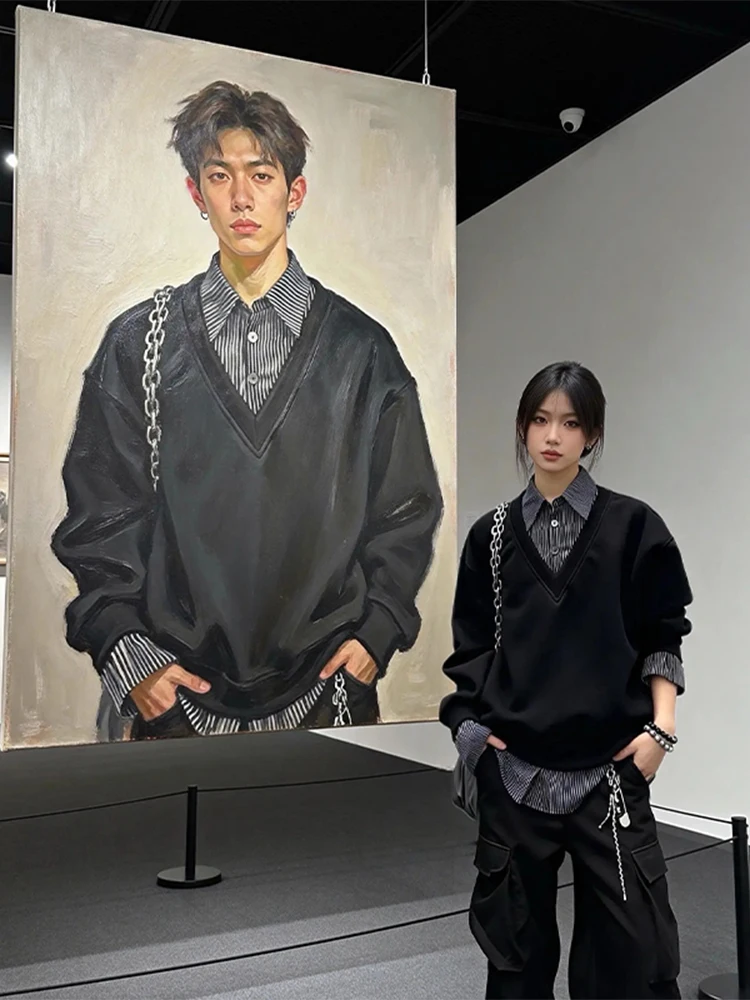 

Американский стильный полосатый свитшот с V-образным вырезом, мужской, весенний, модный, с цветовыми блоками, парный, повседневный, свободного кроя, с длинным рукавом