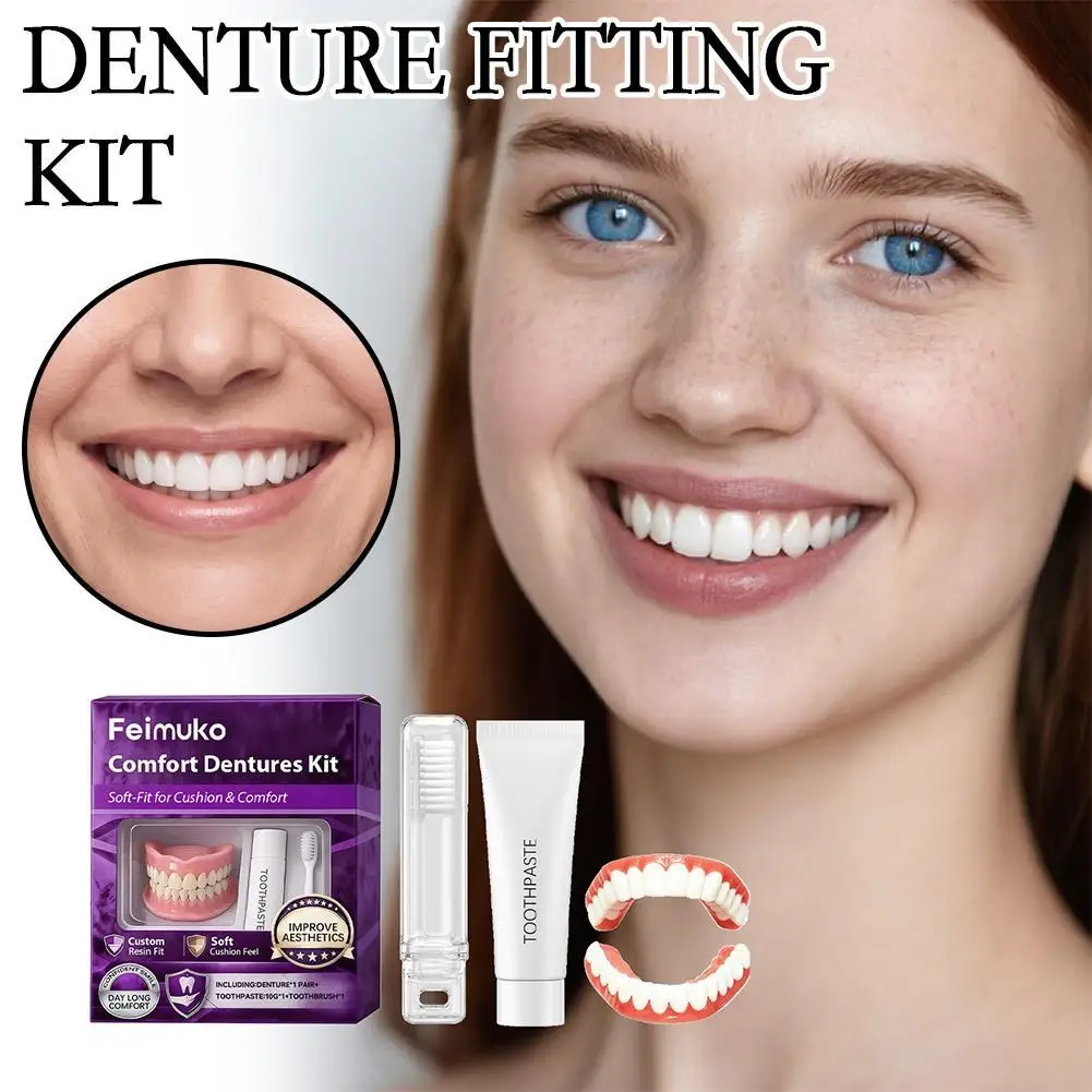 Full Set Natural Dentures Set (Upper & Lower) Natural-Looking Adjustable Reusable Confidence Smile Oral Care for Men Women