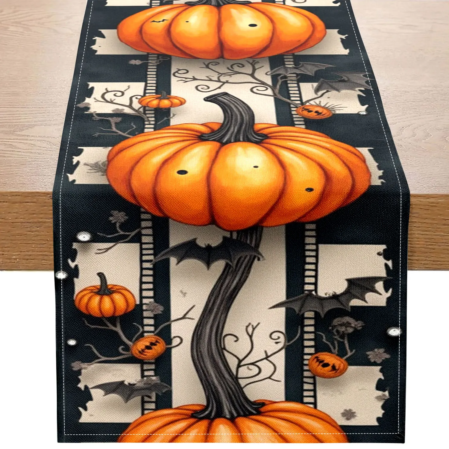 

1 Piece Halloween Dark-Themed Table Runner, Featuring Vine, Pumpkin, Black and White Checkered, and Bat Patterns, Suitable for Halloween Parties and Dark Decorations