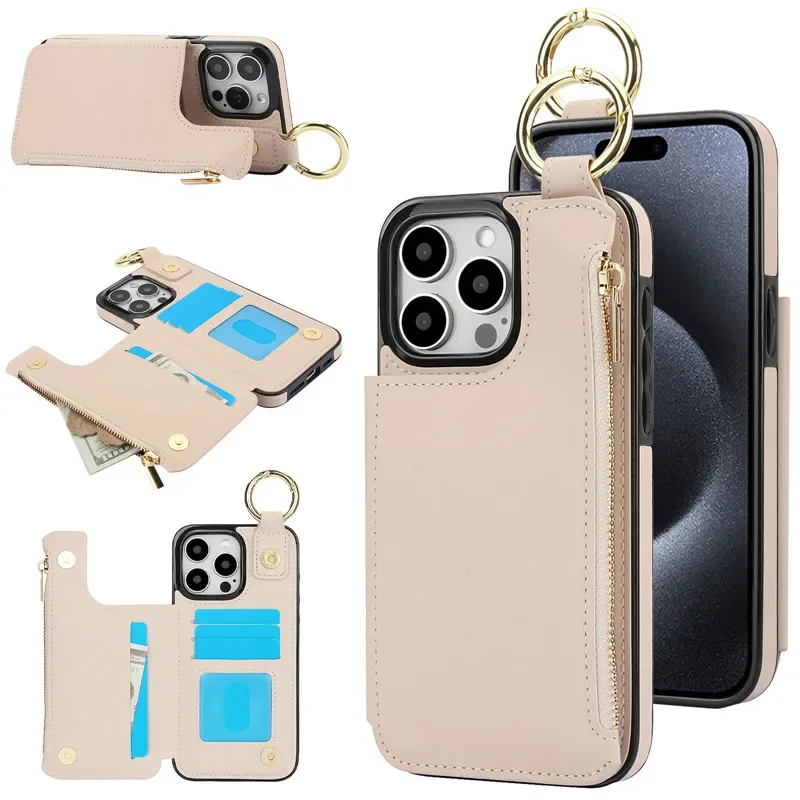 

Ring Zip Wallet Card Leather Phone Case For Iphone 16 Pro Max 17 15 14 Plus 13 12 Mini 11 Xs Xr X Se 2022 8 7 Flip Stand Cover E