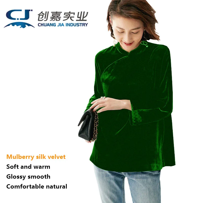 Silk Velvet Ladies Spring Autumn Long Sleeve Lined with Chinese Dark Green Retro Elegant Style of Antique Blouse