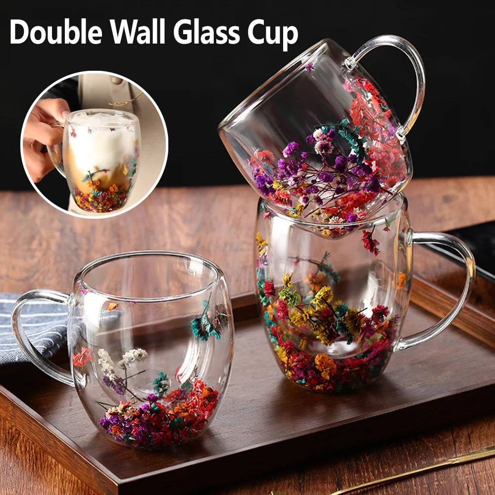 

Creative Double Wall Glass Cup Flower Filler Glass Cups Heat Resistant Tea Cup Coffee Milk Mug High Borosilicate Glass Cup