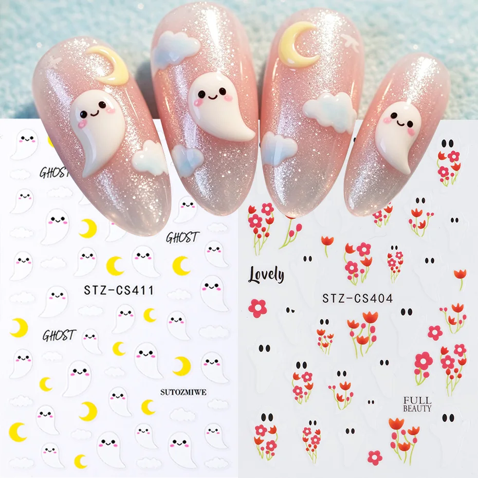 2pcs Cute Nail Ghost Halloween Nail Stickers Kawaii White Ghost Flower Moon Cloud Nail Decals for Halloween Party Nail Decor