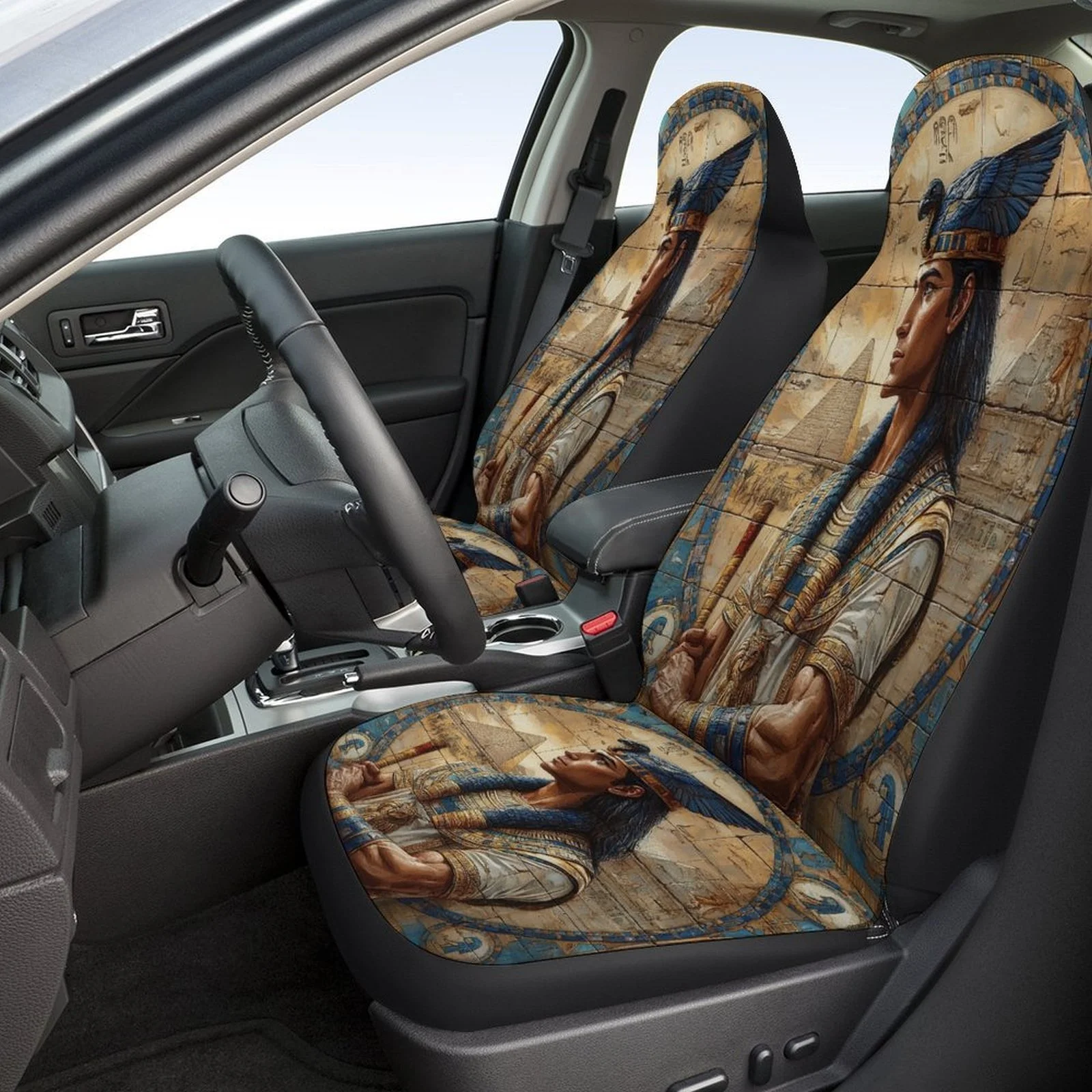 Egyptian Pharaoh Portrait Themed Car Seat Cover Set For Most Cars, Decorative Trendy High-Quality Car Seat Protector Covers Full