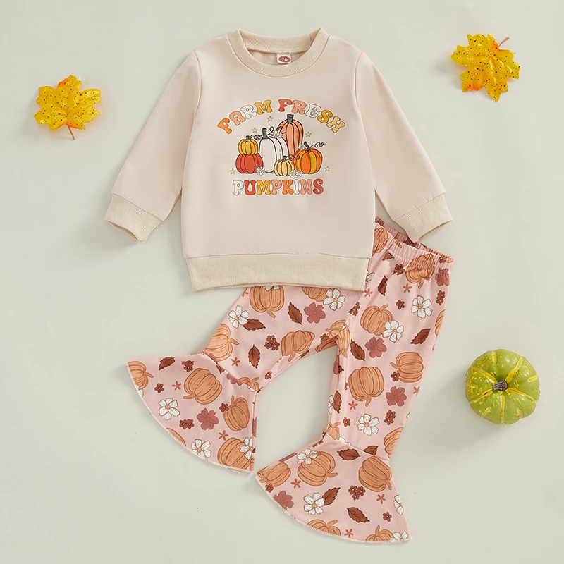 

0-3Y Newborn Baby Girls Fall Outfits Long Sleeve Letter Pumpkin Ghost Print Pullover Tops Flared Pants Halloween Clothes