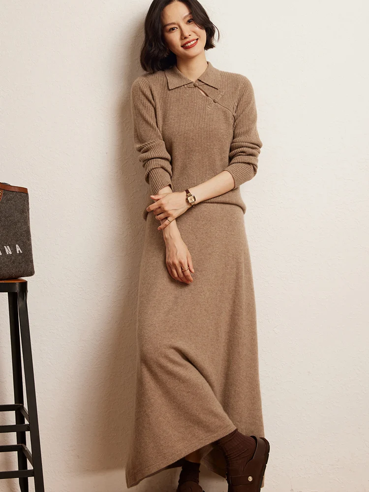 Korean Long Skirt Women's Wave Skirt 100% Cashmere Straight Skirt Knit Autumn Winter Skirt Warm Elegant Casual Knee Length Dress