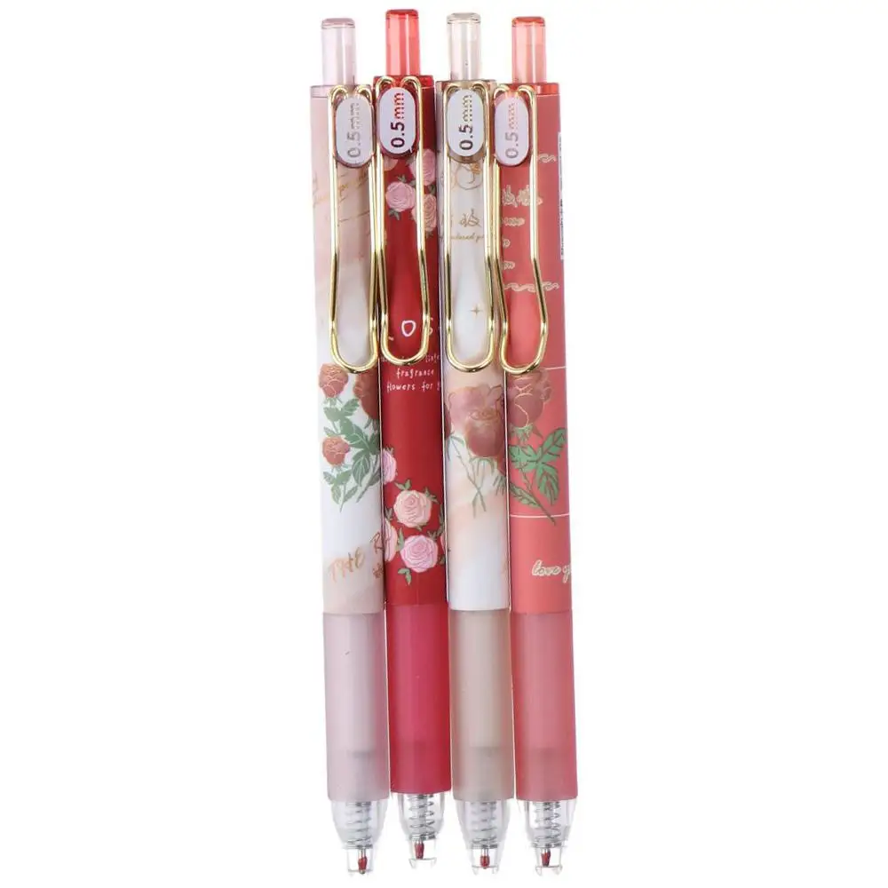 

Подарки, 4 шт., гелевые чернильные ручки, черные чернила, 0,5 мм, выдвижные ручки с цветами, пластиковые канцелярские товары