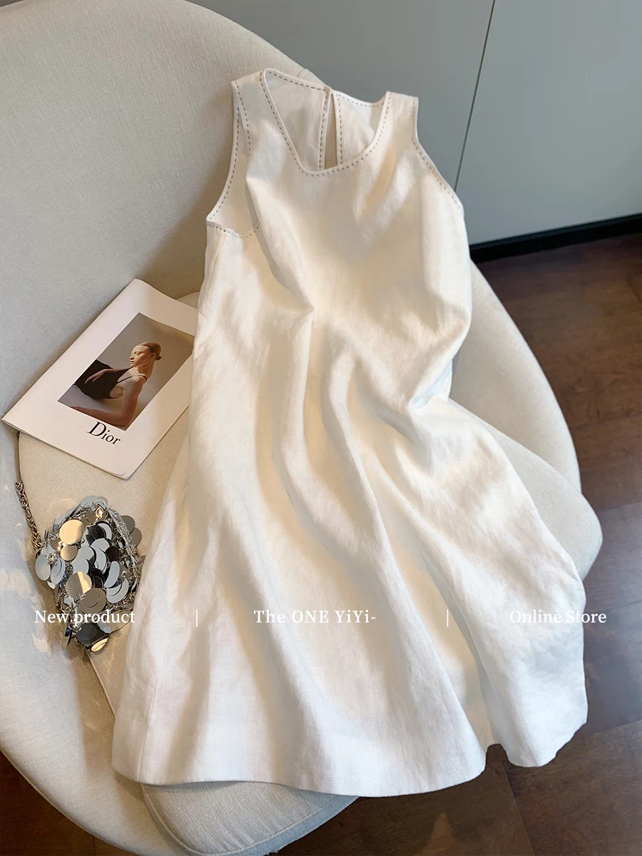 Summer Patchwork Cotton Linen Thin Tank Dress Women's High-End Sleeveless High Waist Casual Loose Short Dress N979