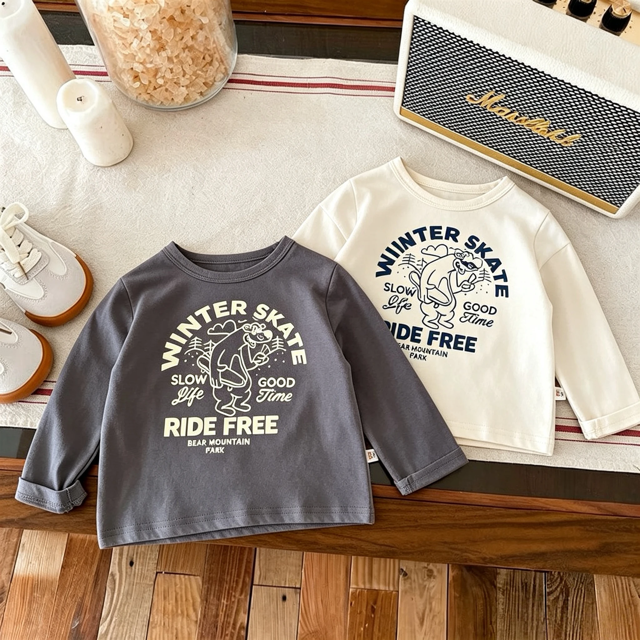 Children's Wear Tops Long Sleeve Tshirts Solid Color Printed Cartoon Baby Boys Base Shirts Crewneck Blouse Kids Autumn Clothes