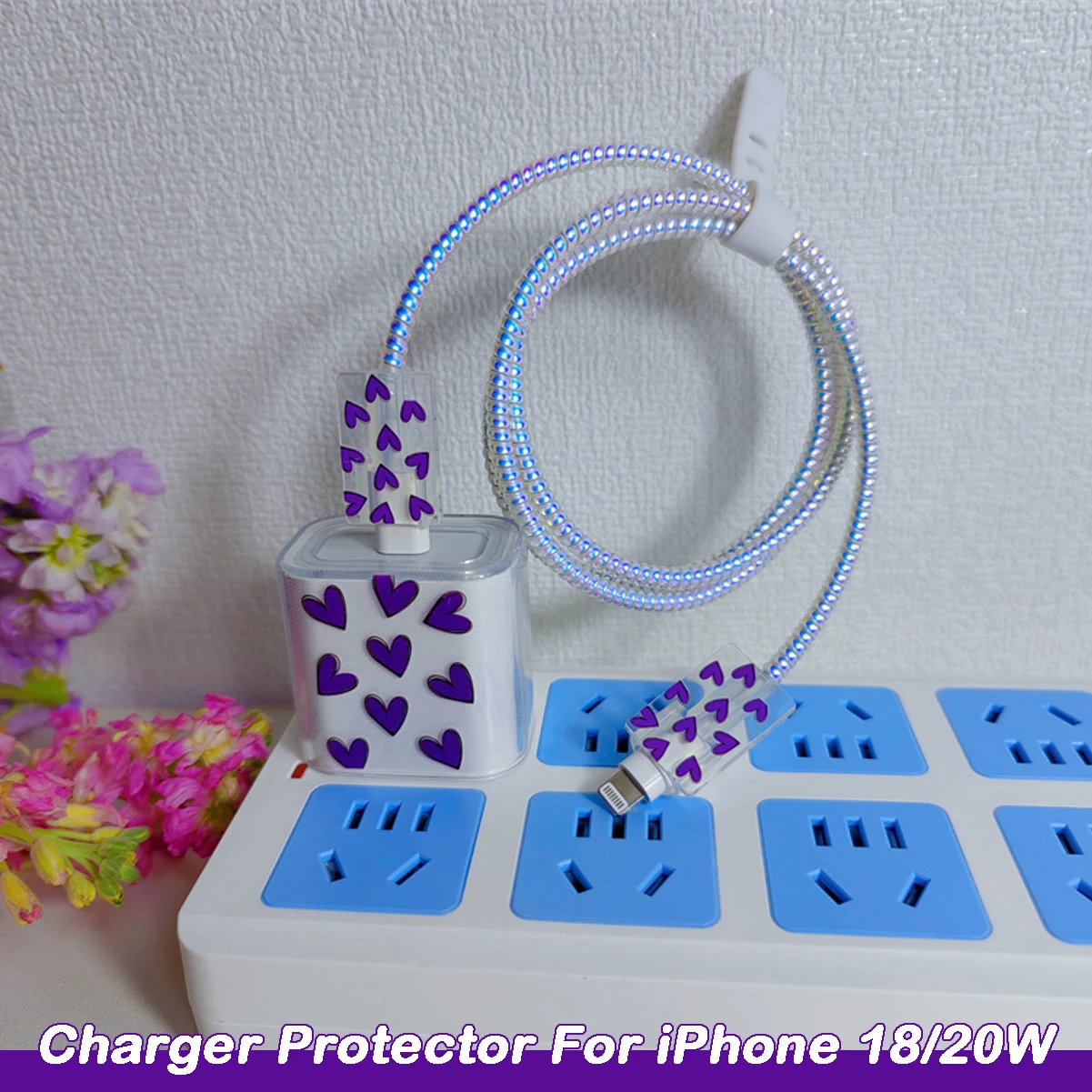 Charging Head Protection Box Case Purple Love Heart For iphone Apple Plus 16 15 14 13 12 11Promax US 20W Charger Protector Cover