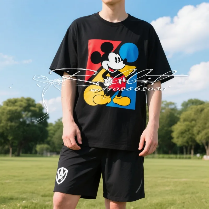 

2025 New Fashion Street Y2k Mickey Cartoon 3D Printed T-shirt Men's Youth American Trendy T-shirt Shorts Two Piece Set