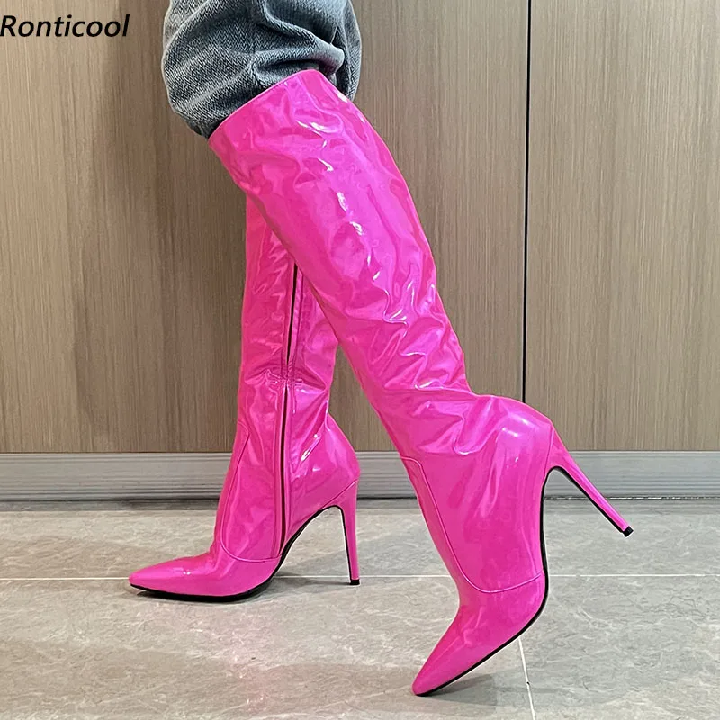 

Ronticool Women Winter Knee High Boots Side Zipper Stiletto Heels Pointed Toe Fuchsia Heart Club Shoes Plus US Size 5-15