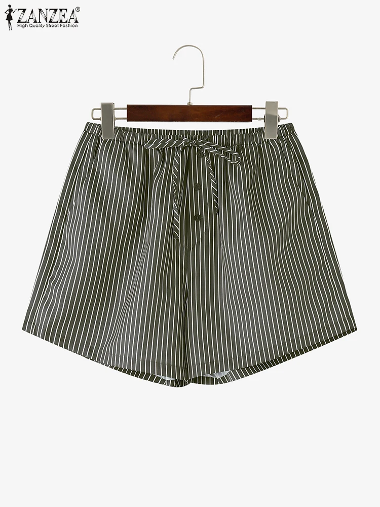 

ZANZEA женские летние полосатые шорты 2025 года, модные легкие короткие брюки на шнуровке с эластичной резинкой на талии, повседневная одежда, повседневные свободные брюки