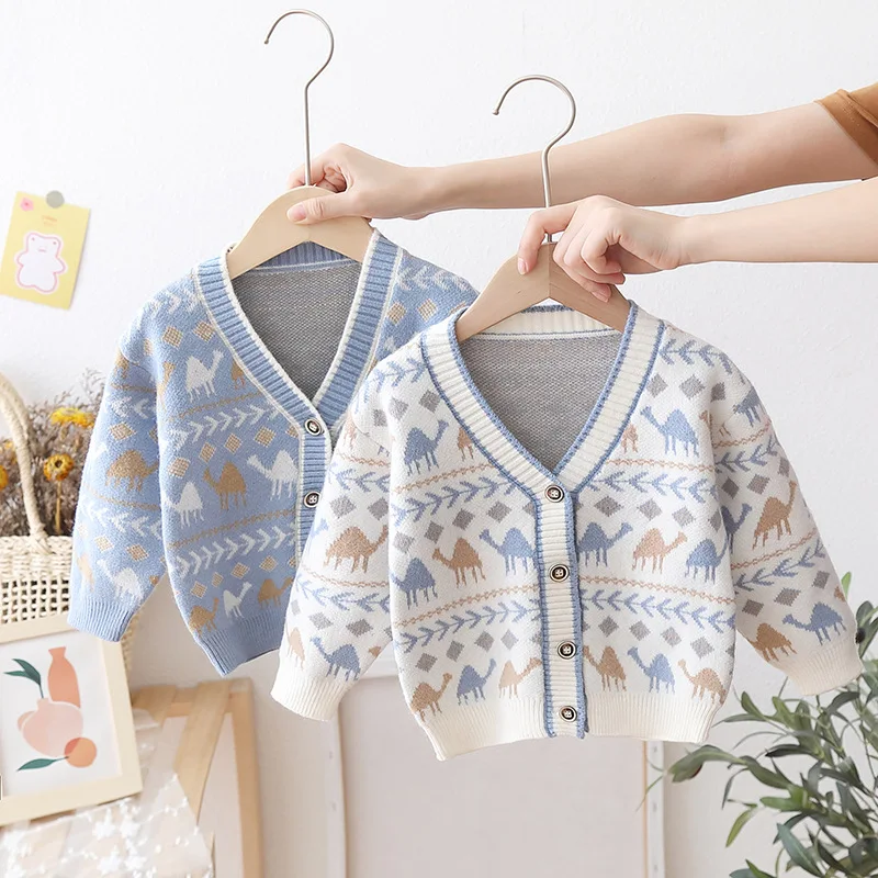 Cartoon Dinosaur Boys Sweater Cardigan 2024 Spring Autumn Clothes Baby Knitted V-neck Boy Outer Wear Children's Jacket HY12162