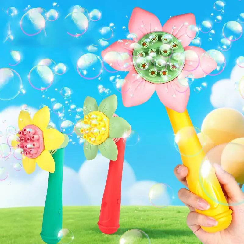 Children Cute Flowers Automatic Bubble Wand Fun Outdoor Handheld Flowers 17 Holes Bubble Machine Electric Bubble Blowing Toy