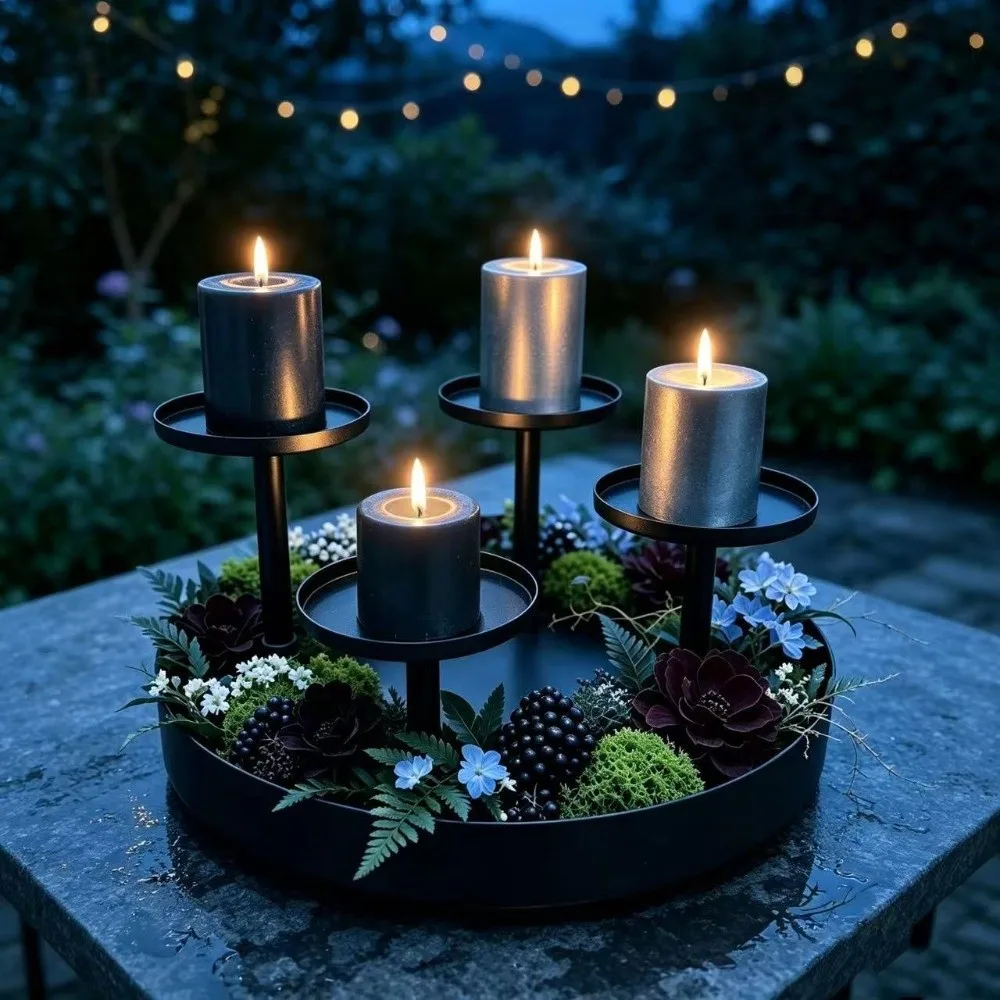 Rustic 4-Head Candle Holder Matte Black with Drip Tray Metal Candelabra Pillar Candlestick for Party Table Centerpiece Decor