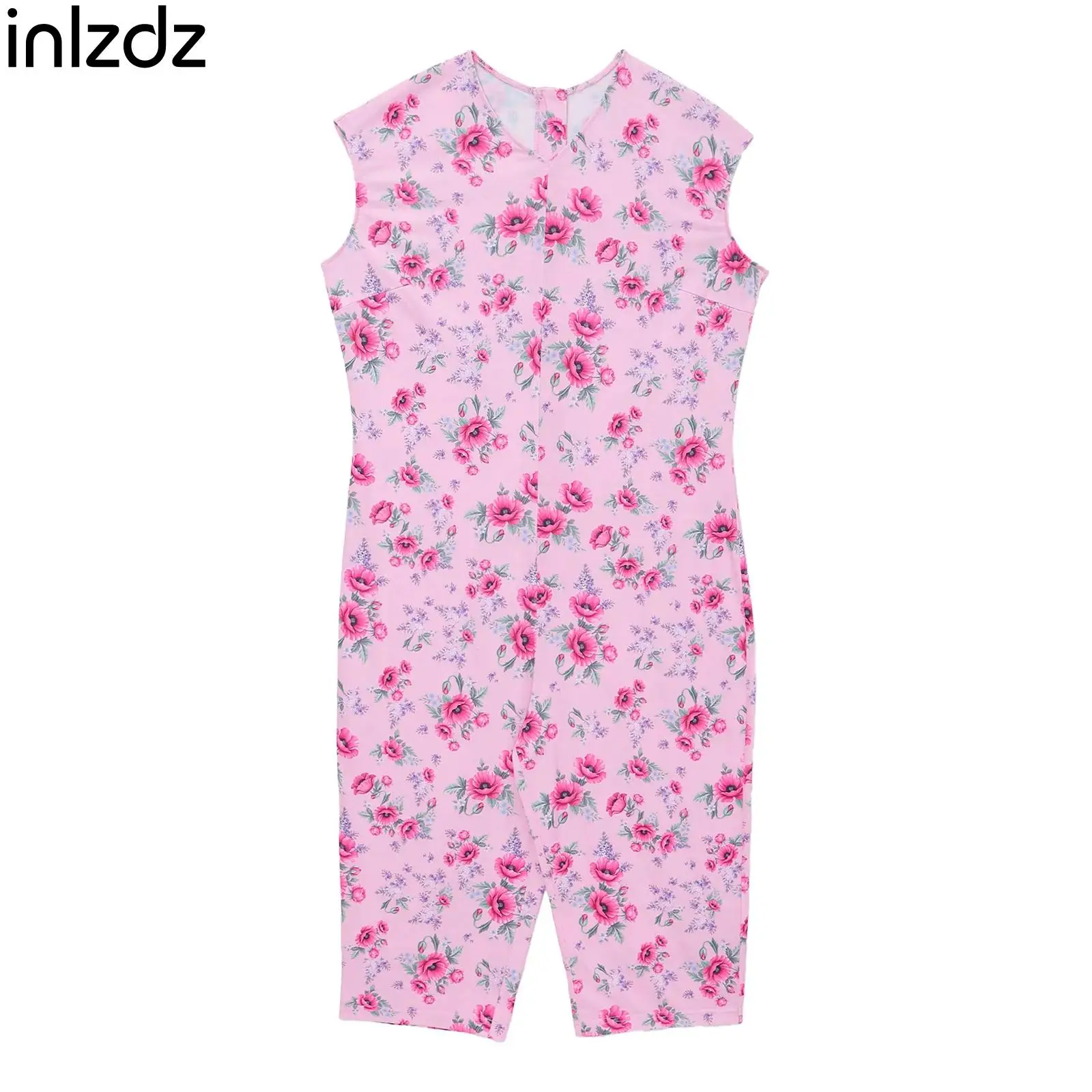 V Neck Sleeveless Print Jumpsuit for Women Special Needs Back Zipper Bodysuit Unitards for Nursing Home Hospital Care Clothing