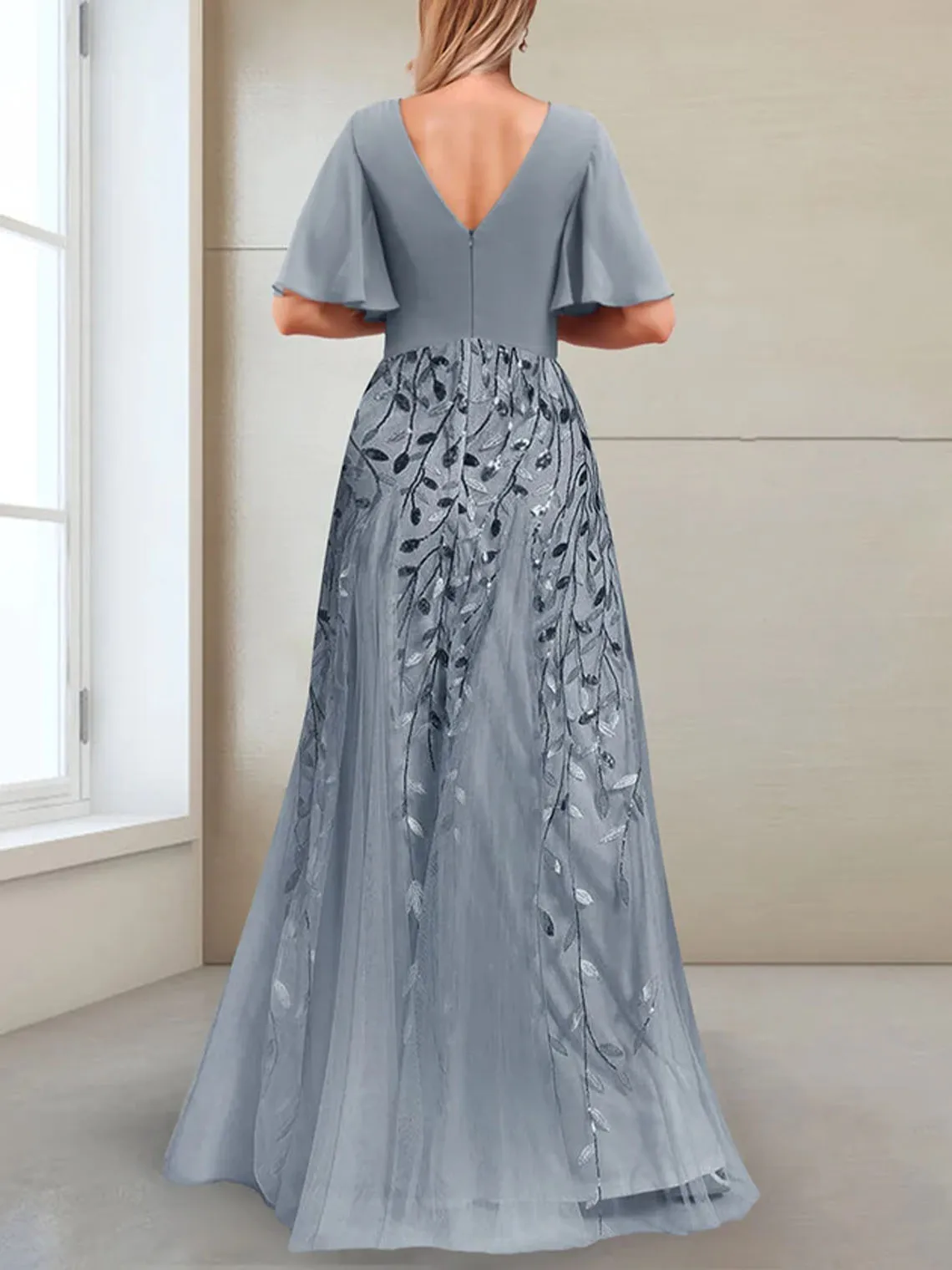 Elegant A-line Prom Gown V-Neck Chiffon Half Sleeves Ruffles Sequins Appliques Floor-Length Evening Dress 2025 Free Customized
