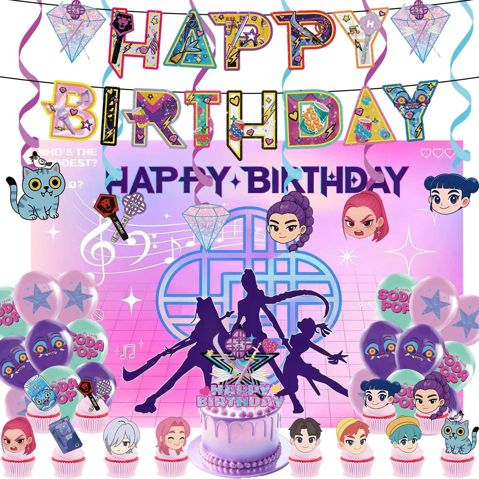 ك البوب شيطان الصيادين موضوع حفلة عيد ميلاد خلفية راية كعكة توبر بالونات استحمام الطفل للأطفال حفلة عيد ميلاد المورد هدية