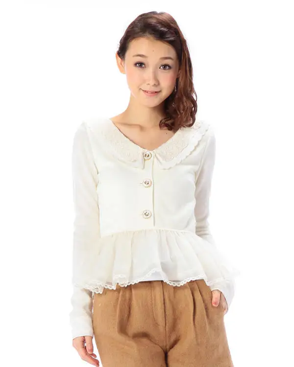 Japan Liz Lisa Chiffon And Mesh Embroidery Two Layers Collars Knitted Lace Shirt Cardigan Top