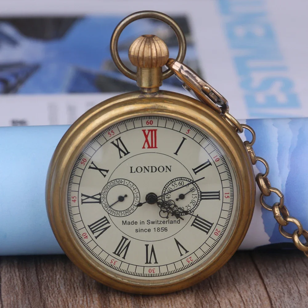 

Drop Shipping Casual Vintage London Coverless Mechanical Pocket Watch Men's and Women's Steampunk Bronze Pocket Watch