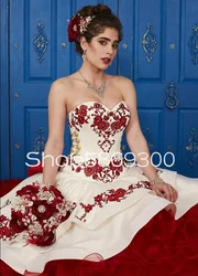 Red White Chapel Train Princess Quinceanera Dresses Sweetheart Floral Embroidery Corset Prom Sweet 15  robe de mariee rouge