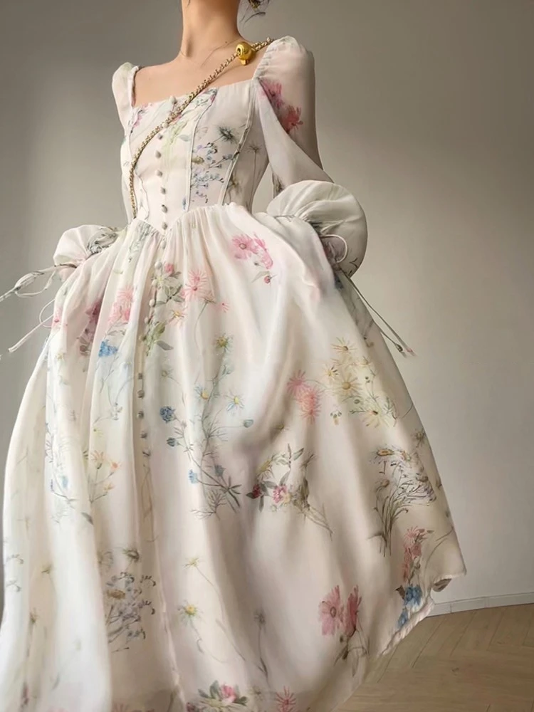 Vestido largo de fiesta de noche de Vinatge francés para mujer, vestido de princesa Floral de línea a, manga de linterna, primavera y verano, bata