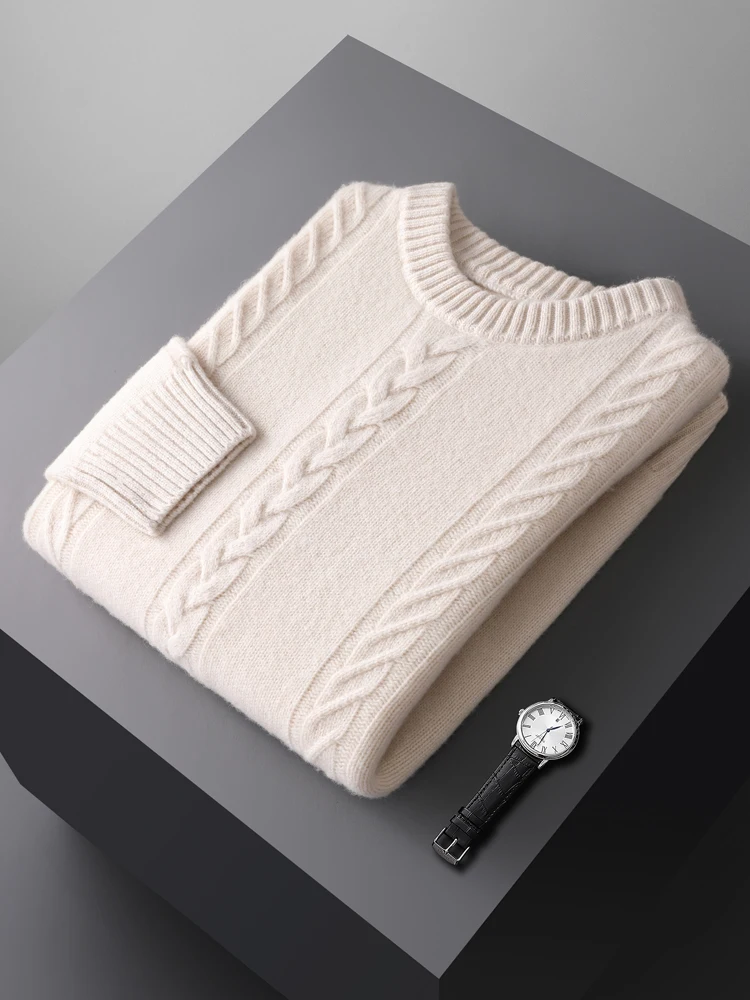 New Chic Men's 100% Merino Wool Knitted Sweater O-Neck Cable Stitch Pullover Autumn Winter Smart Casual Tops Soft Warm Clothing