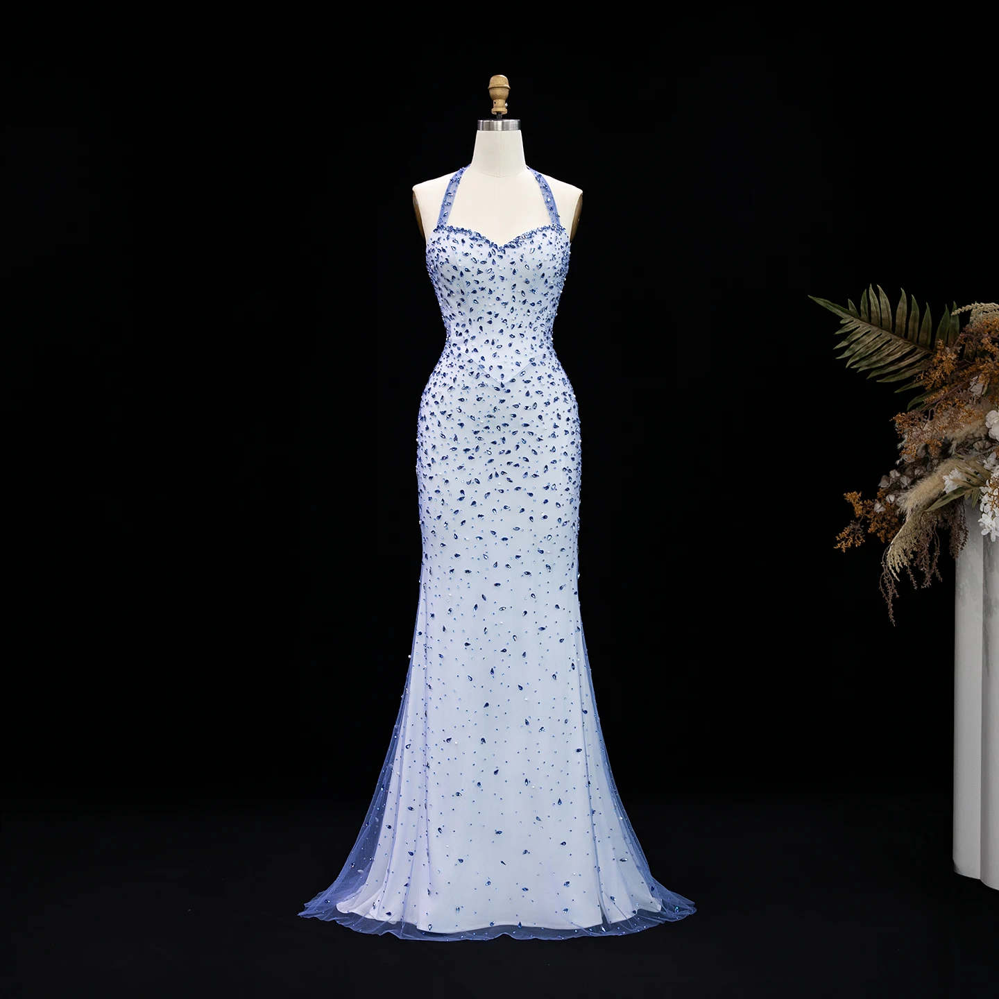 Sharon Said Blaues Etuikleid mit Cape, Luxuriöses Kristall-Neckholder-Rückenfreies Abendkleid für Damen, SS715 Maßanfertigung – Detail 8